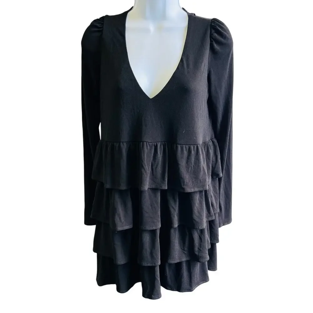Show Me Your Mumu XS Black Ruffle Mini Dress Y2K Babydoll Long Sleeve Chic - Picture 1 of 4